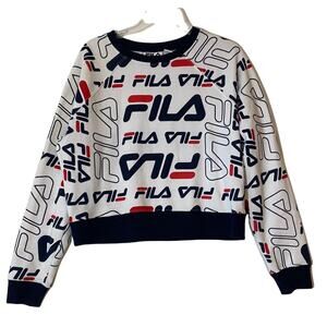 Fila Sweatshirt Top Large Crop Logo Spell Out Crew Neck Long Sleeve Cotton Blend